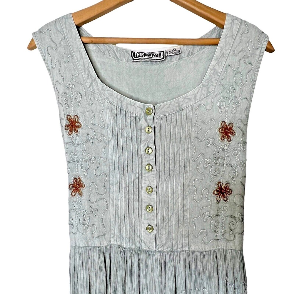 Vintage 90s Fair Affair Crinkle Dress Womens L Gray Rayon Sleeveless Buttons Tie